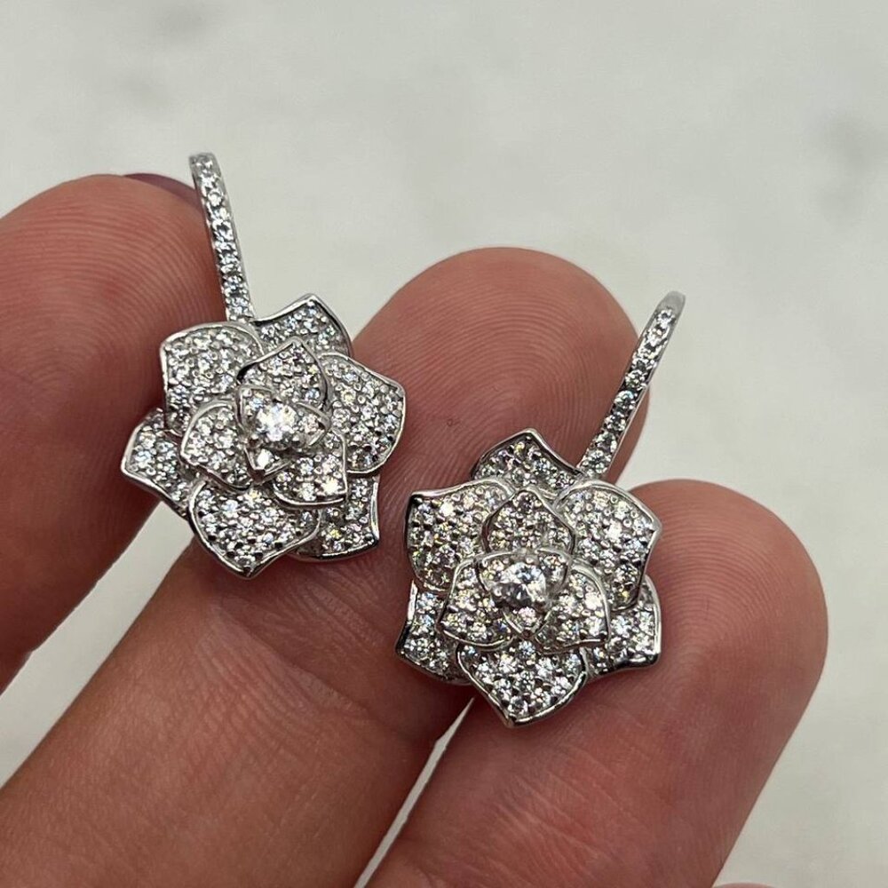 Sterling Silver and Zirconia Flower Dangle Earrings Luxury Delicate Hook Studs